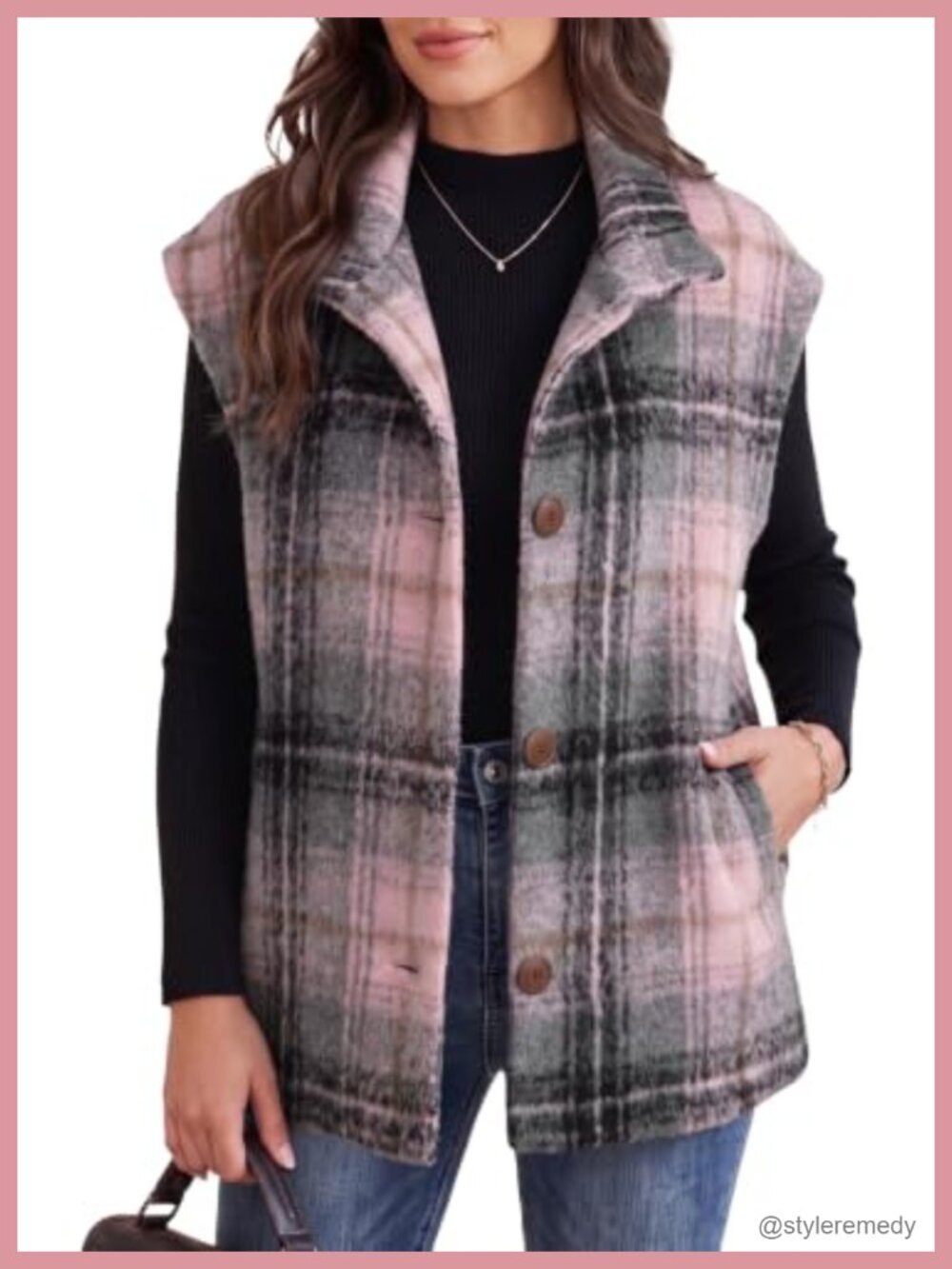 Oversized Plaid Vest Cap Sleeve Button Front Pockets 100% Polyester